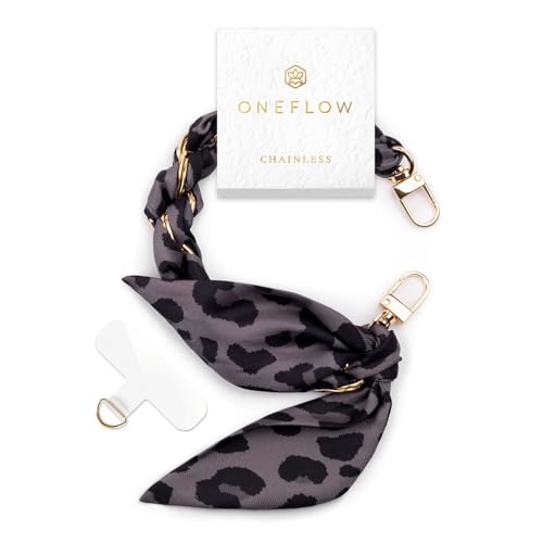 ONEFLOW Handyanhänger fürs Handgelenk Universal Handykette kurz Handschlaufe Scarf Handyband für Hüllen abnehmbar Anhänger Kette mit Karabiner für alle Handys Chainless Silk Liaison Midnight Leo