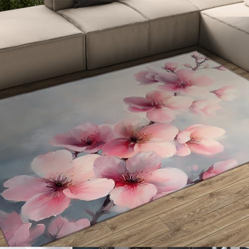 Tapis de salon moderne 160x200 fleurs de cerisier rose antidérapant et doux - 2