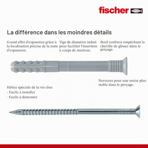 fischer - Cheville à frapper N 6 x 60/30 S à collerette fraisée et clou en acier électrozingué/Boîte de 50