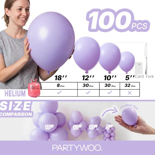 Image of PartyWoo Lavender Balloons 100pcs Different Sizes Pack of 18 12 10 5 Inch Light Pastel Purple Lilac Balloon Arch Kit for Baby Shower Bachelorette Fairy Birthday Princess Party Decorations Purple-Q10