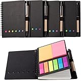 WILFANS Steno Notizblock, Spiralblock, liniert, mit Stift, Haftnotizen, Seitenmarker, farbige Indexreiter, Flaggen, 12 x 15 cm, Kraftpapiereinband, kleine Taschennotizbücher (Schwarz, 4 Packungen)