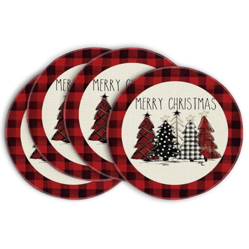 Artoid Mode Watercolor Red and Black Buffalo Plaid Christmas Trees Merry Xmas Round Placemats Set of 4, 14 Inch Winter Round Table Mats for Dining Decoration