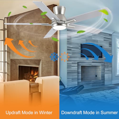 Sevenine 52 Inch Brushed Nickel Flush Mount Ceiling Fans with Lights and Remote, Low Profile Nickel Ceiling Fans for Bedroom Living Room Patio Porch, Quiet 6 Speed Reversible DC Motor, 3CCT, Dimmable by Sevenine - Image 4