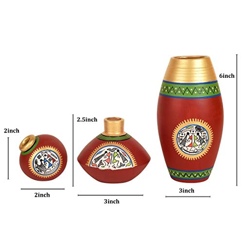 Image of Aakriti Art Creations Rustic Warli Vases Set of 3 in Red | Warli Art Hand-Painted Terracotta Flower Vases | Matte Finish Decorative Vases for Living Room, Table Decor & Gifting