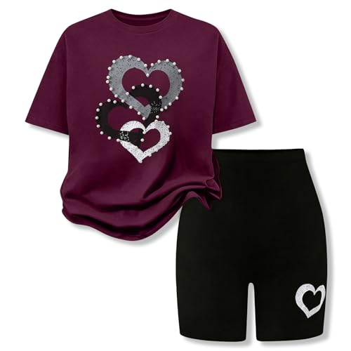GOLLUNER 9-16Y Tween Girl Clothes 2 Piece Short Sleeve Heart Print Top and Shorts Teen Girl Summer Outfits Short Set Size 15 16