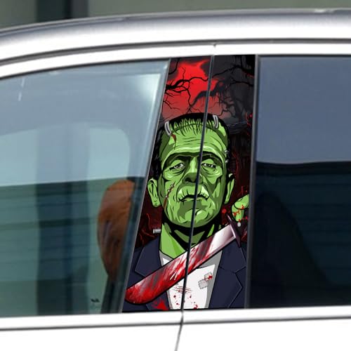 Image of Halloween Cars Body Horror Sticker, Halloween Car Center Pillar Decals,Classic Horror Movie Characters Peeking Decal Michael Scary Child Vinyl Stickers (Green Monster)