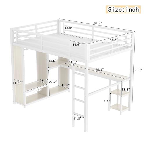Image of Bellemave Queen Size Loft Bed with Desk, Wardrobe, Metal Queen Loft Bed Frame for Adults, Kids, Teens, White Wood-Grain