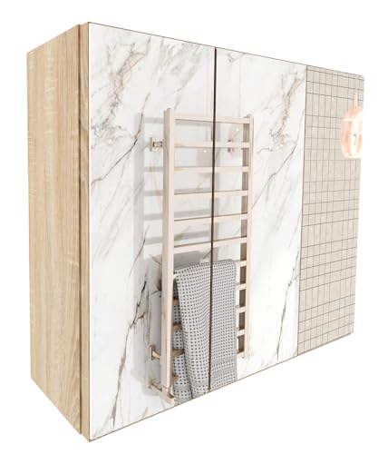 möbelkap Spiegelschrank Bad 60x50x17,8 cm Sonoma Eiche – Badezimmerschrank, Badschrank und Hängeschrank mit Spiegel, 3 Ablageflächen Stauraum, beidseitig montierbare Tür, Wandschrank zur Wandmontage