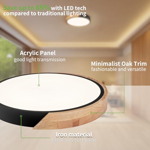 Image of 11.8 Inch Wood LED Flush Mount Ceiling Light 3000K, Black