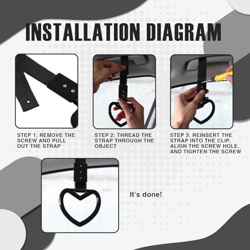 Image of 2PCS Heart Shaped Car Handle Straps, Rear Bumper Warning Keychain Ring for Car Exterior Accessories (Black-Silver)