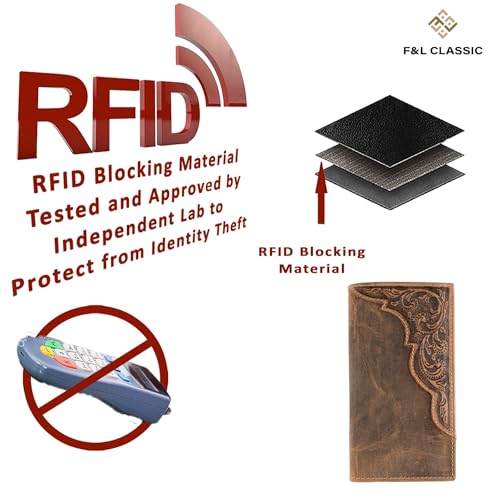 Image of F&L CLASSIC Men's RFID Vintage Look Genuine Leather Long Bifold Wallet Checkbook Wallets, brown 83, 6 6 /8 inch X 3 5 /8 inch Inches, Retro