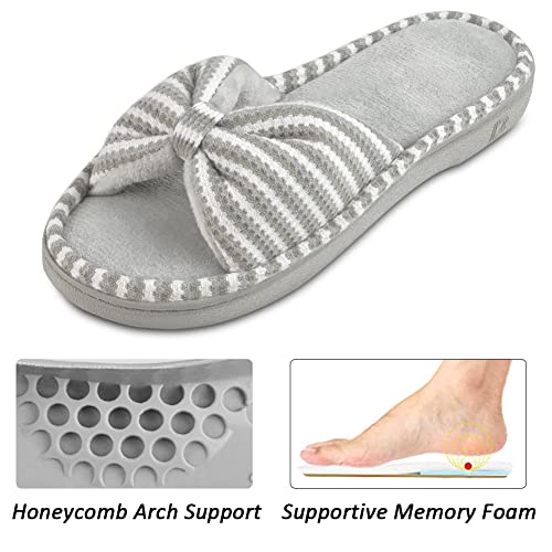 Dl Women's Memory Foam Open Toe Slide Slippers With Cute Bow And Cozy Terry Lining, Slip-On House Shoes Spa Mules Sandals With Indoor Outdoor Rubber Sole, Gray, 7-8 #TOP1