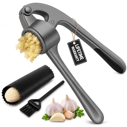 CUNSENR Garlic Press with Silicone Peeler & Brush - Mincer & Crusher - Easy to Use & Clean - Rustproof - Dishwasher Safe - Press Garlic with Ease (Bright Silver)