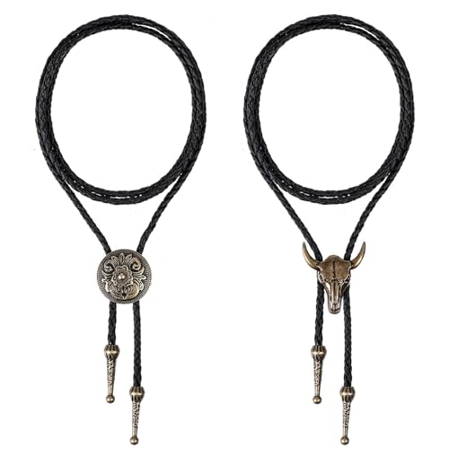 JOOTUEPOCravate en Cuir Cravate Crâne de Vache Collier, Lot de 2 cravates bolo, Costume de cowboy pour homme, en cuir vintage/fait main, pour accessoires de Costume d'Halloween/Chemise de cowboy