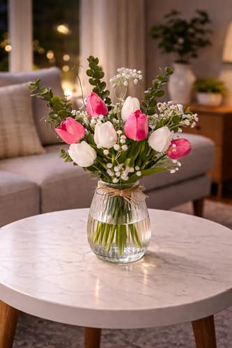 Image of Divyakosh Artificial Flowers for Home Decoration, Flora for Decor | Artificial Flowers for Vase (VASE NOT Included) Home Decor Items for Living Room, Ready-to-FitArtificial Tulip Flower Bunch |