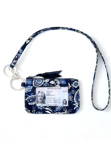 WONDERFUL FLOWER Lanyard Wallet for Women, ID Card Holder, Lanyards for ID Badges, Floral Zip ID Case Keychain Small Coin Purse for Cards, Cash, Work, Travel, Cruise, Teachers, Students, Kids, Blue