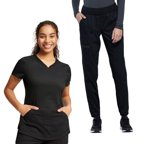 Ensemble d'infirmière Cherokee WW011 blouse médicale col en V et pantalon jogging noir femme