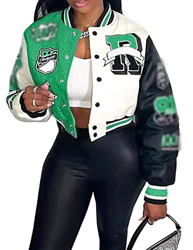 Cozypoin Women's Varsity Jacket Print Color Block Cropped Down Baseball Bomber Y2K Streetwear Coats(Green-S) #TOP17