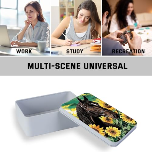 Image of Metal Tin Box with Lid for Game Cards Home Large Organizer Candles Keys Crafts Storage - Comes with 4 Magnetic Cord Clips，Horses and Sunflowers