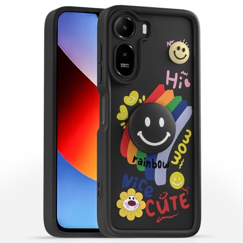 Image of Pikkme Back Cover for Redmi A7 Pro /Poco C85x 5G | Soft Silicone| Cute Rainbow Smile & 3D Cartoon Flower Design | Shockproof Raised Camera Protection Bumper Case (Black)