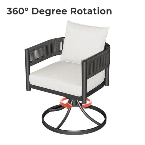 Image of Grand patio 7 PCS Outdoor Dining Set, Patio Table and Chairs Set for 6, Metal Woven Wicker Swivel Patio Chairs with Thickened Cushions & 1 Rectangular Woodgrain Dining Table with Umbrella Hole (Black)
