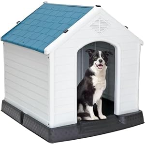 Large Dog House Indoor Outdoor Plastic Durable Dog House Insulated Puppy Shelter with Air Vents Elevated Floor (Blue, 28inch)