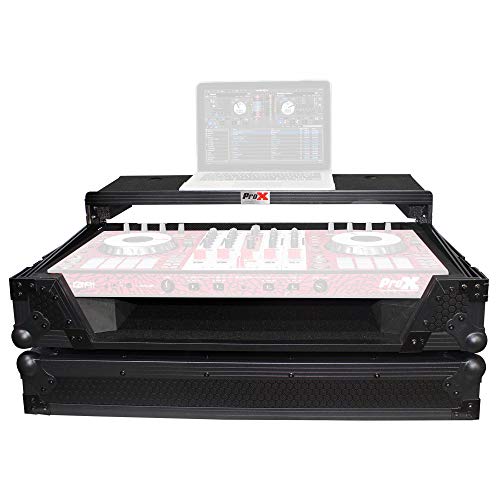 ProX Flight Case for Pioneer DJ DDJ-SX DDJ-RX & Denon MCX7000 With Sliding Laptop Shelf and Wheels - Black on Black Design - XS-DDJSX WLTBL