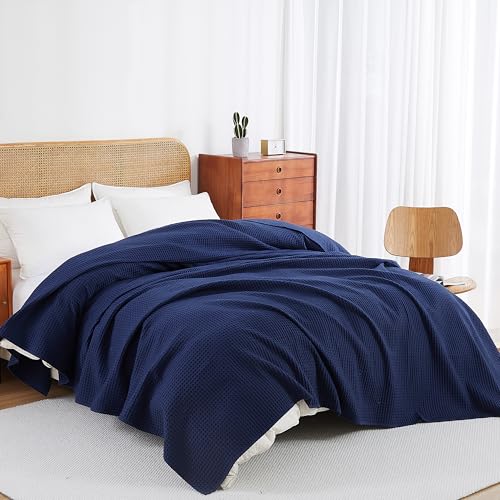 100% Cotton Waffle Throw Blanket for Bed King Size Navy Blue, 104" x 90" by Zaizaihome - Used condition - Image 7
