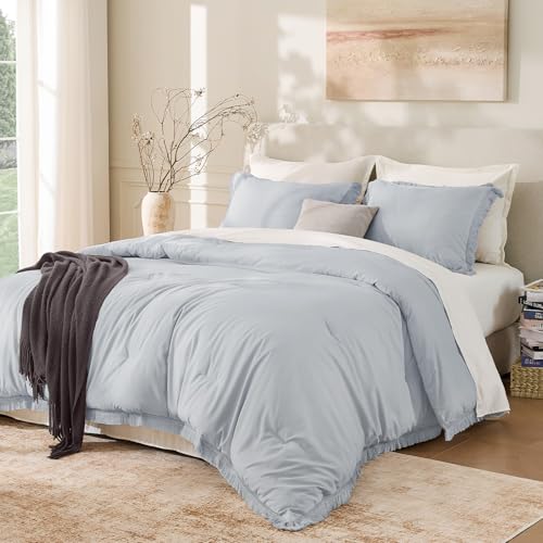 Image of Andency Light Grey Comforter Set Queen, 3 Pieces Boho Tassel Lightweight Bedding Comforter Sets, All Season Soft Fluffy Fringe Bed Set (90x90In Comforter & 2 Pillowcases)