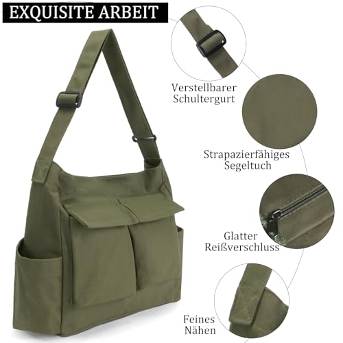 TIAASTAP Kuriertasche aus Leinenstoff, Vintage Canvas Messenger Bag für Studenten, Große Kapazität Hobo Crossbody Bag Umhängetasche Freizeittasche mit mehreren Innenfächern, Grün