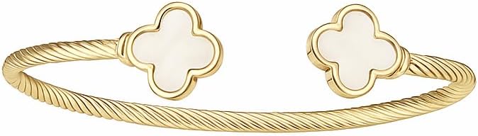 18K Gold Plated Mother of Pearl Clover Cuff Bracelet for Women, Elegant Twisted Cable Bangle Design, Adjustable Open Bangle One Size Fits Most, Clover Charm Bracelet, Mother of Pearl Bangle Bracelet, Luxury Inspired Holiday Gift for Women