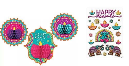 Set of 3 Diwali Honeycomb Hanging Decorations + 20 Embossed Diwali Window Decorations