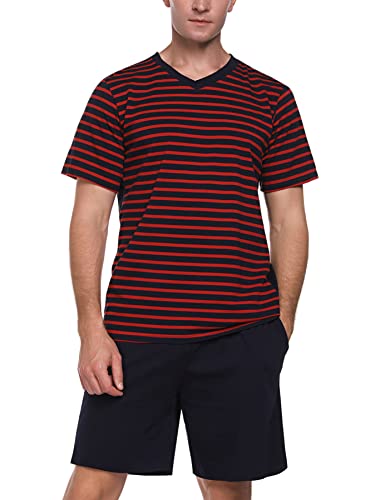 Purcoar Schlafanzug Herren Kurz Shorty V-Ausschnitt Sommer Pyjama Set Cover