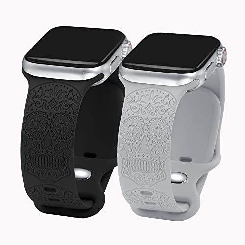 2 Pack Flower Engraved Sport Strap Compatible With Apple Watch Bands 38Mm 42Mm,Floral Skull Engraved Soft Silicone Sport Wristbands Cute Rose Fadeless Pattern Replacement Strap For Iwatch Series Se 7 6 5 4 3 2 1 For Women Men, Black 38/42Mm #TOP18