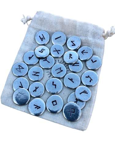 AzureGreen Casting Magic Water Buffalo Bone Elder Futhark Rune Stone Set - 25 Pieces, Ivory Color