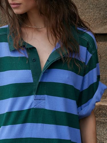 Image of Womens Causal Striped Mini Dress 2025 Polo V Neck Short Sleeve Patchwork Pleated A-Line T Shirt Dress Green