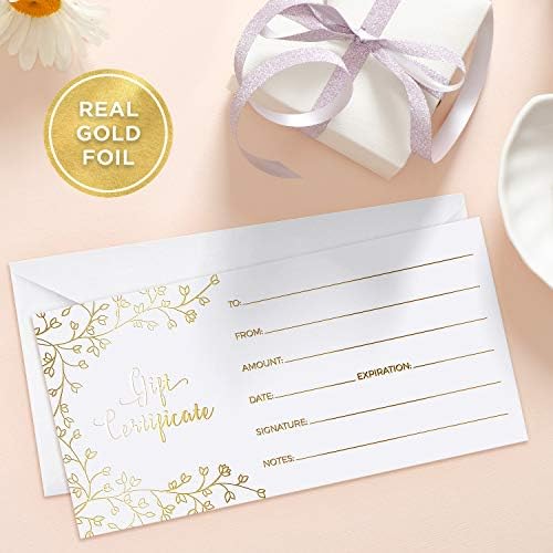 Blank Gift Certificates for Business - 25 Gold Foil Gift Certificate Cards with Envelopes for Spa, Salon, Restaurants, Custom Client Vouchers for Birthday, Work Gift Card - 3.75x7.5"