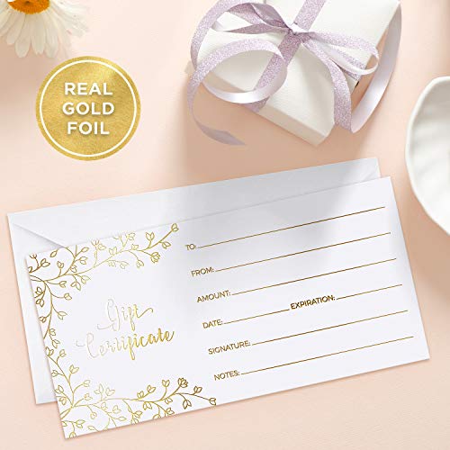 Blank Gift Certificates for Business - 25 Gold Foil Gift Certificate Cards with Envelopes for Spa, Salon, Restaurants, Custom Client Vouchers for Birthday, Work Card - 3.75x7.5"