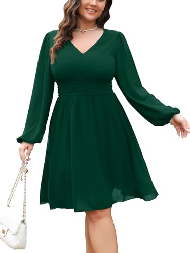 Image of RWJ Women's Plus Size Mini Dress 2025 Wrap V-Neck Empire Waist Long Sleeve Spring Trendy Elegant Flowy Chiffon Dresses