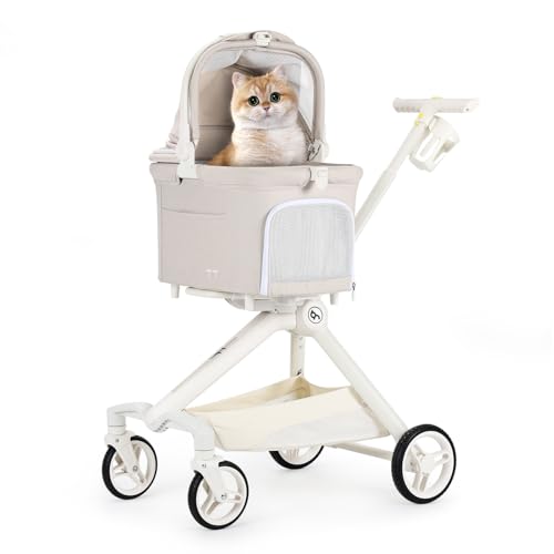 Beberoad Pets TT Lightweight Pet Stroller for Small Dogs & Cats - 4-Way Installation Carrier, One-Hand Fold, 180° Canopy Cover & Adjustable Handle (Beige)