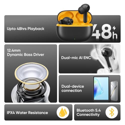 Image of Earbuds for Realme Buds T110 True Wireless Bluetooth in-Ear Headphones Earphones, Bluetooth 5.4, Up to 38 Hours Playtime, Fast Charging, Low Latency Gaming, IPX5 Water Resistant, Built-in Mic - Black