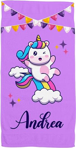 ZPUBLI+ Toallas de Playa o Ducha Personalizadas con Nombre o Frases. Toallas Infantiles, Regalo Infantil Original para baño, Piscina, Playa, Camping. Varias Medidas. (Unicornio arcoíris, 70x140)