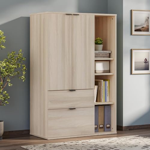Image of Wakefit Engineered Wood Cabinet | 1 Year Warranty | Storage Cabinet for Home Kitchen Living Room | 1 Closed Compartment, 2 Drawers & 4 Open Shelves | Pattens - Moldau Acacia