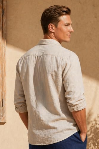 Image of Louis Philippe Men's Linen Blend Solid Shirt with Soft Handfeel & Naturally Antibacterial Finish - Holiday Wear