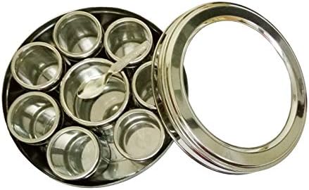 Stainless Steel Transparent Masala Box,Spice Box,Masala Dabba,Spice Container -8 individual compartments, See through Masala box
