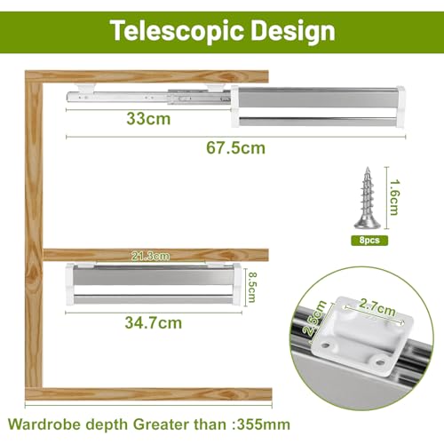 DBREAKS Ausziehbare Kleiderstange zum Herausziehen der Kleiderbügel, Kleiderstange Schrank, Garderobenstange, Verstellbarer kleiderschrank Stange, für Schrank mit Einer Tiefe von Mehr Als 350 mm