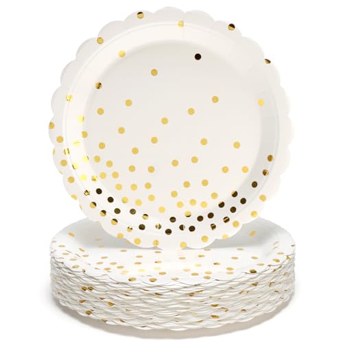 PARTY GO 50 platos de papel blanco de 23 cm con borde ondulado para cenas y postres. Ideal para graduaciones, vacaciones, bodas, fiestas de cumpleaños, decoraciones de baby shower