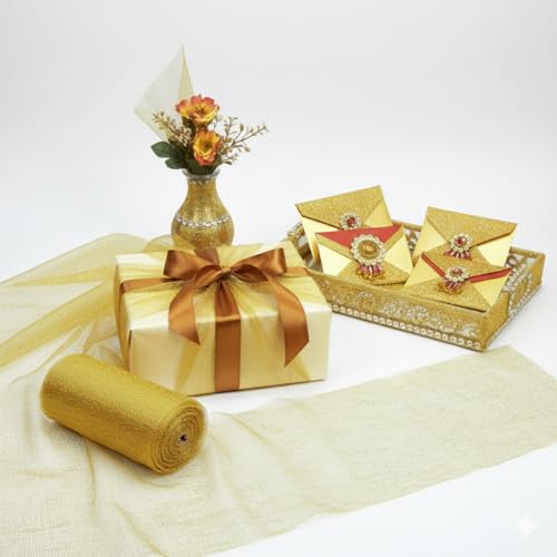Image of Asian Hobby Crafts Fabric Mesh Net, DIY Craft Material for Bouquets, Gift Wrapping, Trousseau Packing, Party Decorations, Sweet Boxes, Gift Decoration, Home Decor & Creative Projects - 7 Meter Golden