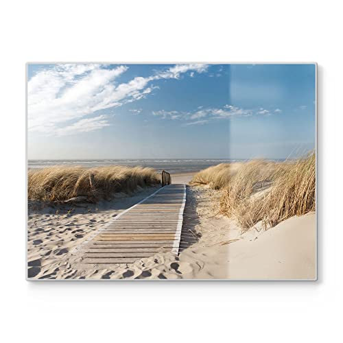 DEQORI Planche à découper en verre | Grande taille 40 x 30 cm | Motif « lever de la plage au bord de la mer » | Planche à découper design pour cuisine | Planche à petit-déjeuner antibactérienne &