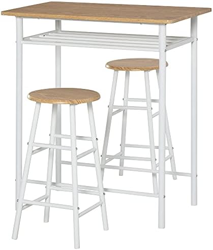 HOMCOM Bar Table Set, Bar Table and Stools Set, Footrest and Storage Shelf, for Kitchen, Dining Room, Pub, Cafe, White and Oak